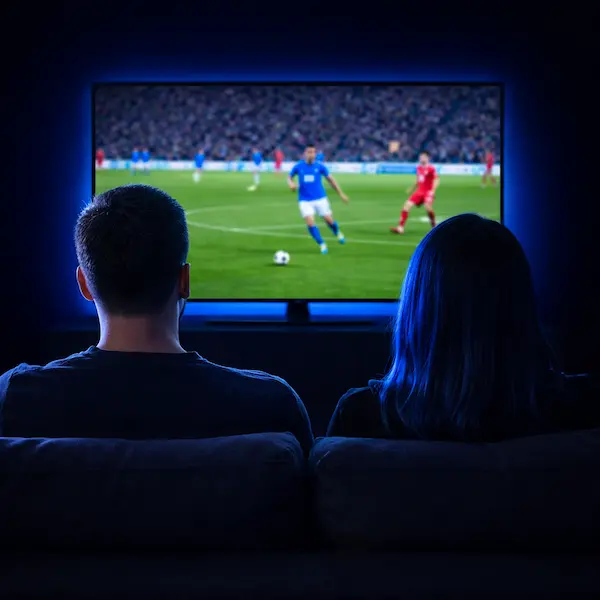 Teste IPTV grátis 2026 - Casal assistindo futebol ao vivo na Smart TV com IPTV premium